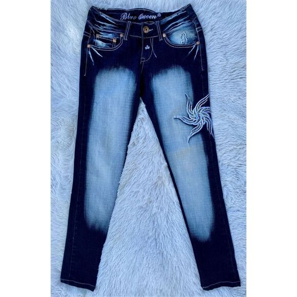 Y2K Vintage Blue Queen SZ 3/4 Dark Wash Factory Faded Bling Jeans - Picture 10 of 12